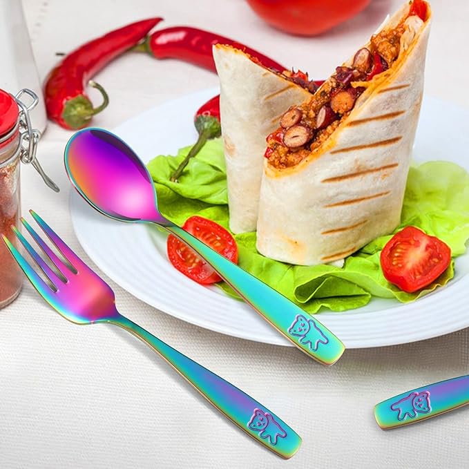 Pimoys 6 Pieces Toddler Utensils Kids Rainbow Silverware Stainless Steel Toddler Forks and Spoons Set, Metal Childrens Safe Flatware Child Cutlery Set, Dishwasher Safe