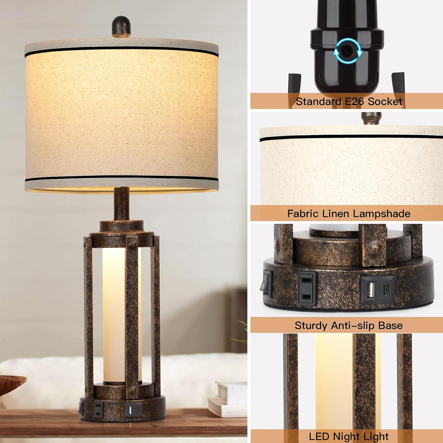 Farmhouse Industrial Lamp with USB A+C Charging Ports & AC Outlet, 26" Vintage Rustic Retro Table Lamp with Glass LED Night Light & Linen Fabric Shade for Living Room Bedrooms Single(2 Bulbs Included)