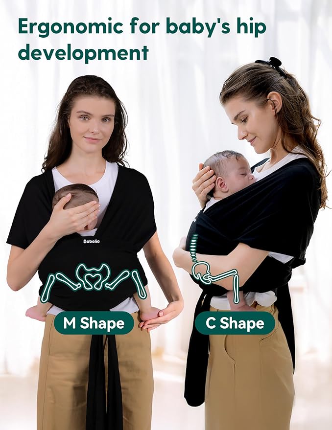BABELIO Baby Wraps Carrier with Adjustable Buckle, Easy to Wear Lightweight Baby Carrier Newborn, Hands Free Toddler Infant Slings 7-35lbs Black