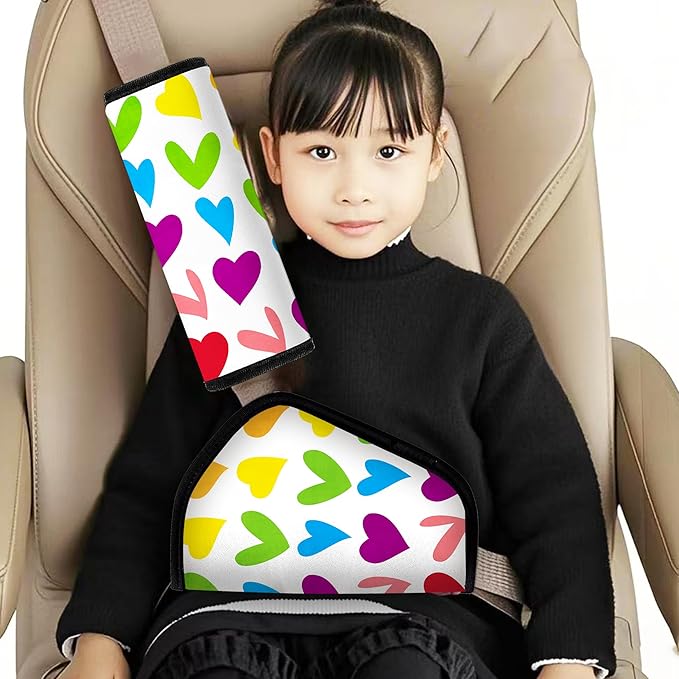 Kid'S Seat Belt Cover Pad, Neck & Abdomen Cushion For Children- Soft And Breathable Straps Cover Support For Booster Seat, Strollers, And High Chairs | Hypoallergenic Travel Accessory, Colorful Heart