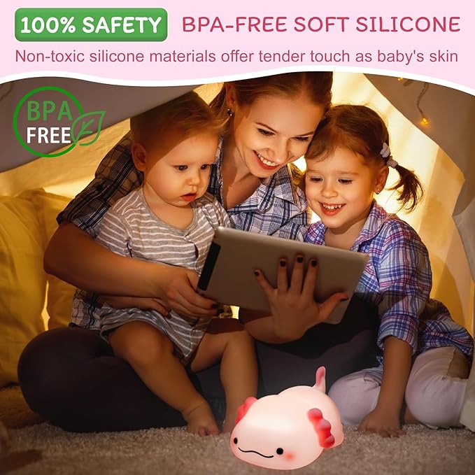Axolotl Night Light for Kids - 3-Level Dimmable Silicone Lamp, USB-C Rechargeable Nursery Light with Auto-Off Timer for Bedroom & Breastfeeding (Squishy Animal)