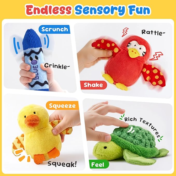 JoyCat Baby Toys 6-12 12-18 Months, Montessori Sensory Toys for 1 Year Old, 12 PCS Pushies with 4 Color Sorting Boxes, Animals Fruit Crinkle Crayon - Whats Inside Boy Girl