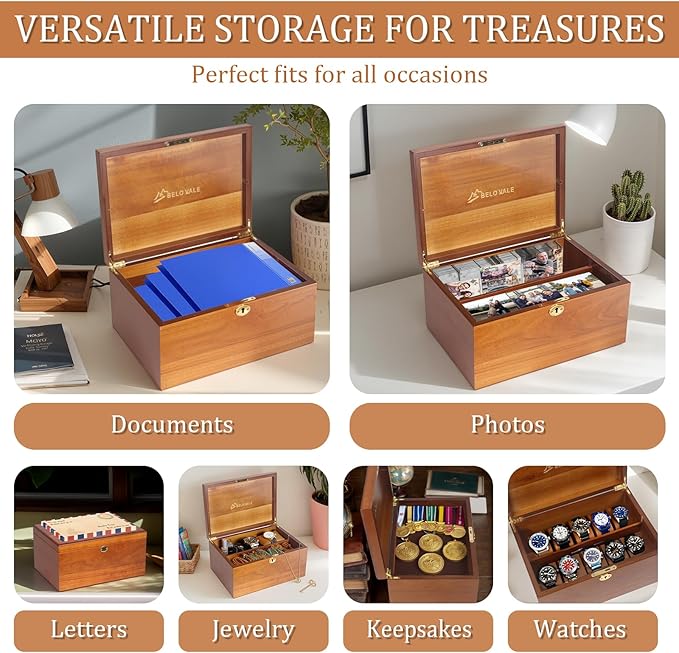Premium Acacia Keepsake Box, Lockable Hand-Crafted Memory Box For Keepsakes with Removable Compartment,Wooden Decorative Box & Storage Box with Hinged Lid for Gift.