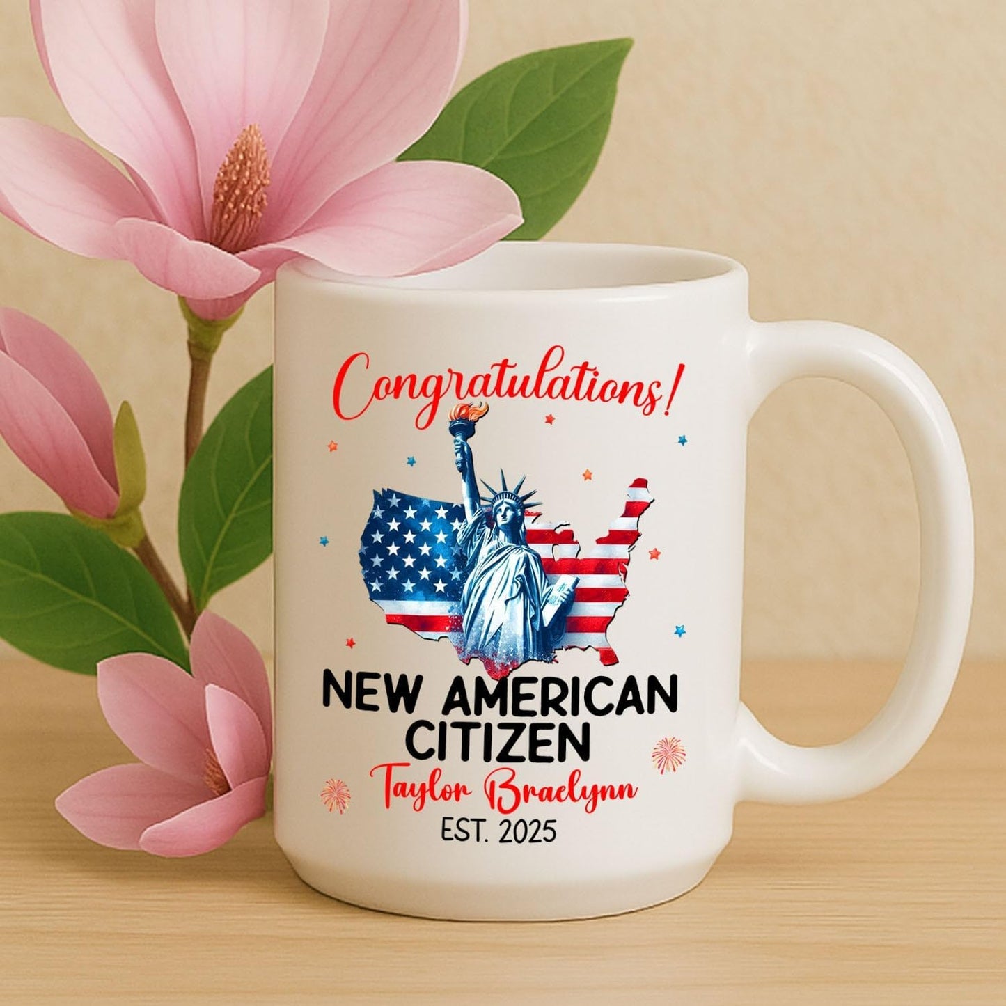 Congratulations New American Citizen Coffee Mug 11Oz 15Oz, Personalized Year & Name White Cup Gift For Sister Brother New US Citizen, Novelty American Flag Coffee Cup, Customized US Citizenship Mug