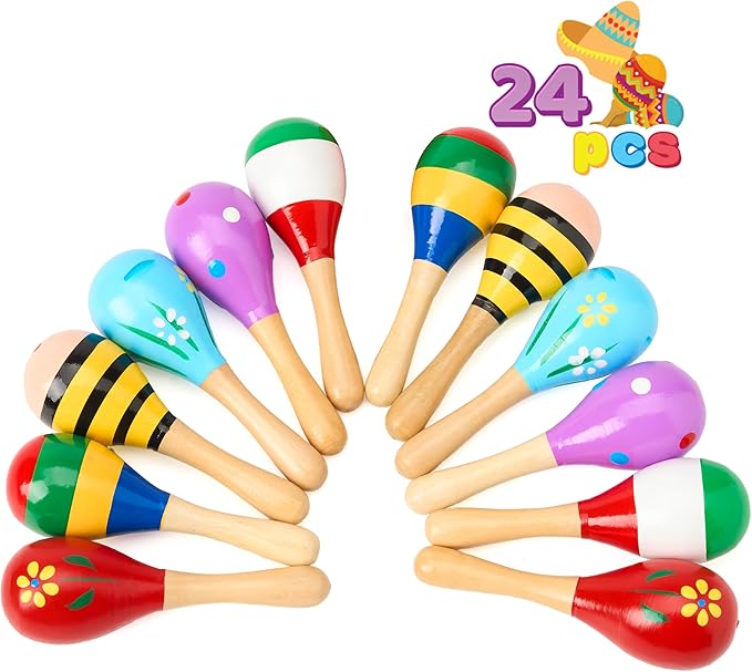 JOYIN 24 PCS Cinco De Mayo Mini Wooden Maracas for Kids, Fiesta Party Favors and Baby Maracas with Wooden Rattle Noisemakers Colorful Maracas Perfect for Cinco De Mayo Party