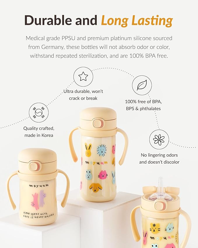 MOYUUM Leak Proof Sippy Cup with Handle | Made in Korea, 100% BPA Free PPSU, Magic No Spill Straw Cup with Attached Flip Top Lid, Easy to Hold for Babies and Toddlers, 6oz Purple