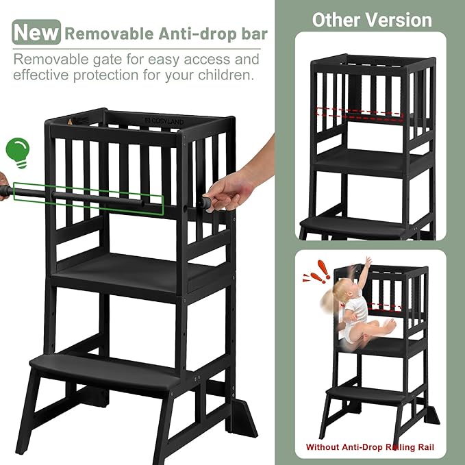 COSYLAND Toddler Standing Tower - Adjustable Height Toddler Kitchen Stool Helper - Kids Kitchen Step Stool for Learning with Removable Safety Railing Black