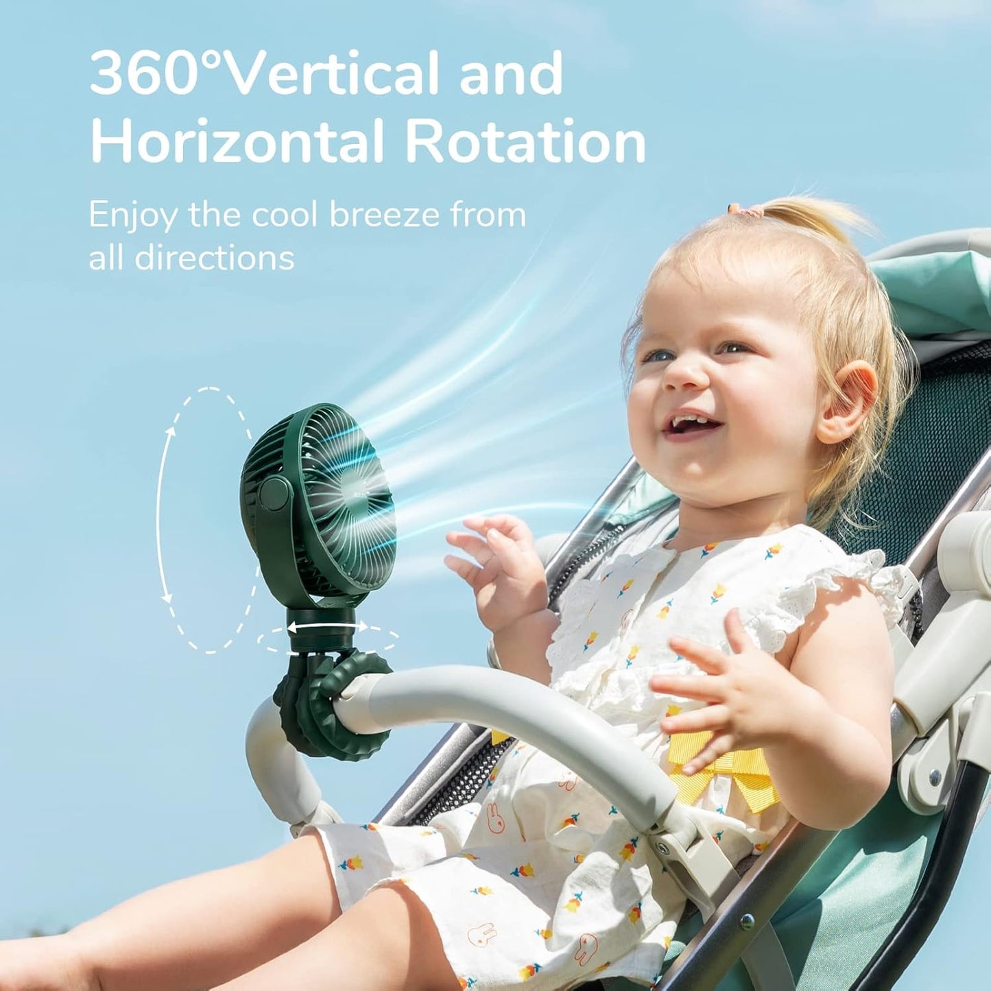 JISULIFE Portable Stroller Fan 4000mAh Battery Operated with 4 Speeds, USB Rechargeable Mini Fan with 360°Rotatable Flexible Tripod for Handheld/Desk/Car Seat/Treadmill/Travel -Alpine Green