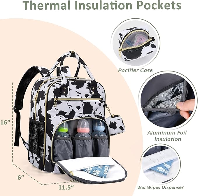 Diaper Bag Backpack,Baby Essentials Diapers Bag with Pacifier Case,Multipurpose Stylish Large Capacity Travel Backpack for Baby Girl/Boy(L-Cow Print)