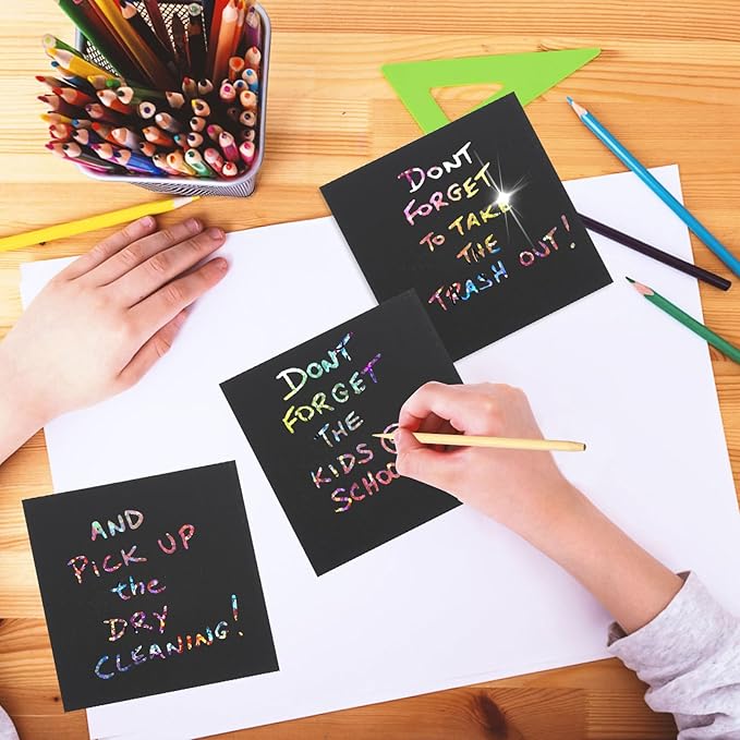 100 PCS Magic Rainbow Glitter Scratch Art Notes,Cool Scratch Paper for Teens,3.3"x3.3" Blank Scratch Art Set for DIY Crafts,with 2 Painting Templates and 2 Scratch Pen