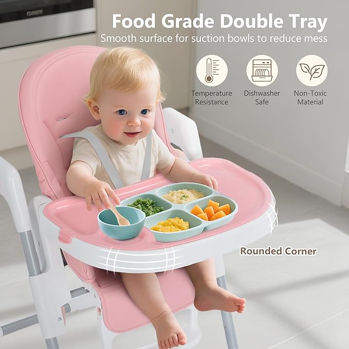 Kinder King Convertible High Chair for Babies & Toddlers, Adjustable Baby Feeding High Chair with Removable Double Tray, Simple Compact Fold for Space-Saving, 2 Built-in Wheels, Easy to Clean, Pink