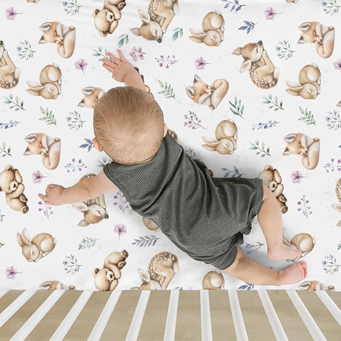 Sleeping Spring Animals Baby Crib Sheets Boy Girl 28"x52" Bear Deer Bunny Floral Leaves Soft Snug Fitted Crib Mattress Cover Cute Animals Baby Sheet for Standard Crib & Toddler Mattress