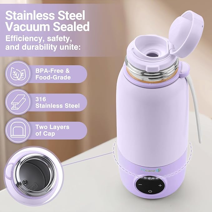 Portable Bottle Warmer for Travel - 17oz 12H Baby Bottle Milk Warmer, Fast Heat Travel Bottle Warmer for Breastmilk, USB Calentador De Biberones on The Go - Wireless Car Bottle Water Warmer Lavender