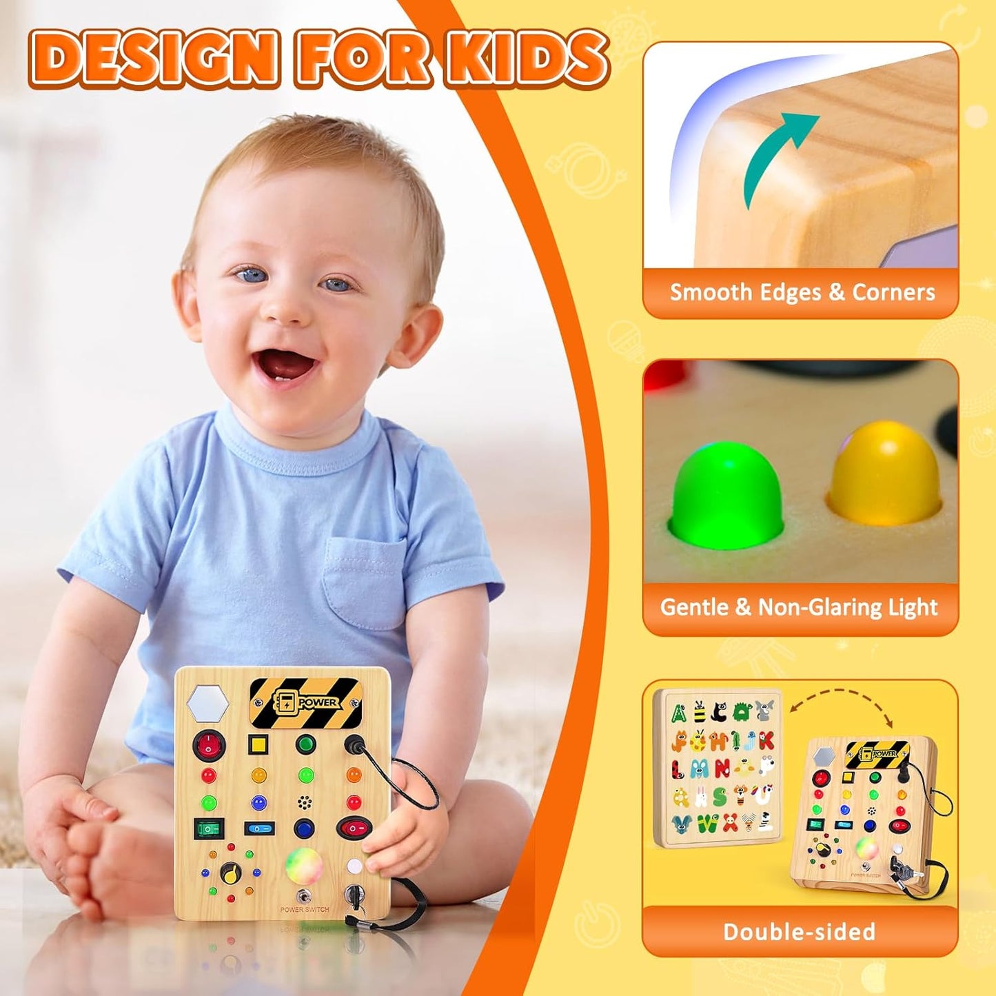 Busy Board with LED Light, Wooden Sensory Toys for Toddler, Montessori Music Toy for Airplane, Travel Activity Educational Learning Autism Toys, Birthday Boys Girls Gifts