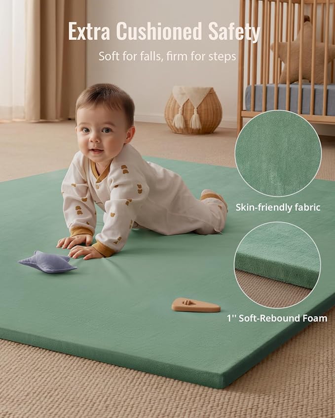 Blissful Diary Ultra Soft Baby Play Mat, 71x59 Extra Large Floor Mat with Removable & Washable Slip-On Cover for Babies and Toddlers, Sage Green