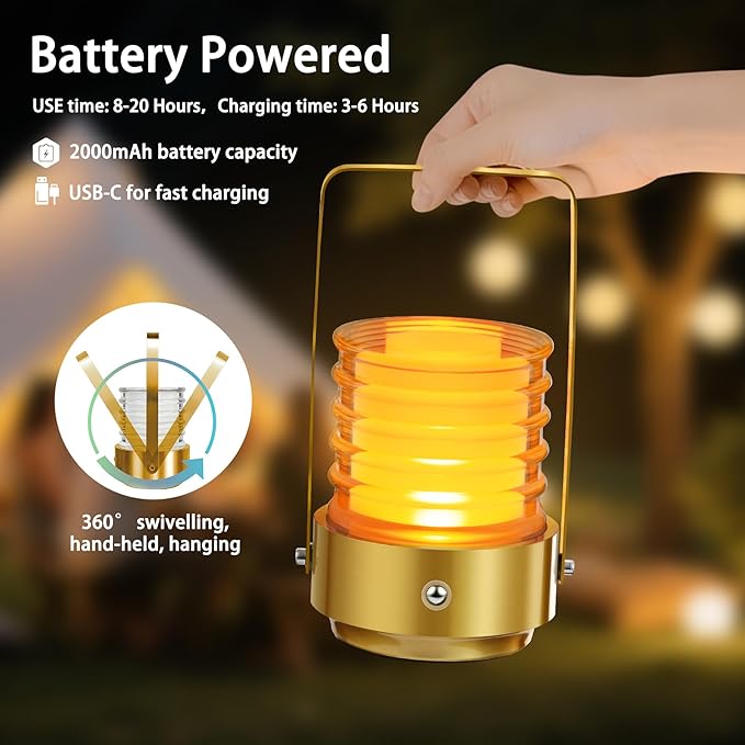 Outdoor Portable Table Lamp, 3 Colors Rechargeable Cordless LED Desk Lamp, Battery Operated Stepless Dimmable Touch Night Light, Small Lamp for Nightstand Bedside Bedroom Bar Camping Patio (Gold)