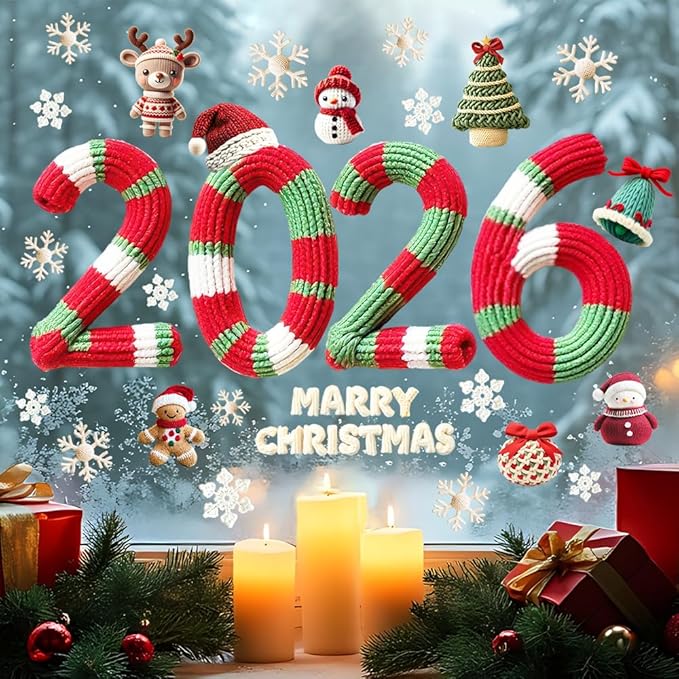 Christmas Window Stickers Clings Cute Christmas Snowman＆Hat Snowflake Winter Cartoon Knitting Wool Pattern Window Decal Decoration Glass Windows Sticker for Xmas 2026 New Year Party Decor Accessories