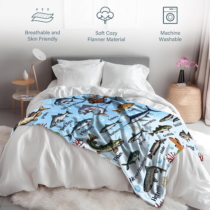 Fish Blanket Gifts for Fish Lover, Fishing Gifts for Men Boys, Fishing Decor, Soft Throw Blanket, Birthday Christmas Thanksgiving Gifts for Aquarium Lovers, 50" X 60"