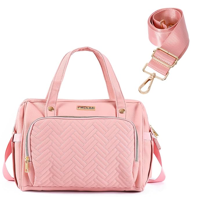 Diaper Bag Tote, with 12 Pocket Mom Bag, 16" Large Leather Baby Bags Convenient to Carry Diapers, Wet Wipes, and Bottles (Pink)