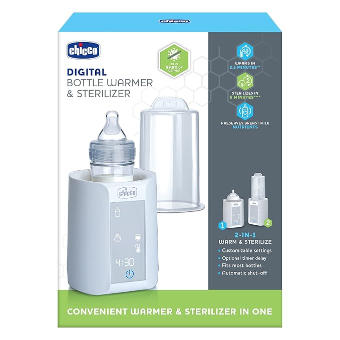 Chicco Digital Bottle Warmer & Sterilizer for Baby Bottles, Baby Food Jars, and Milk Bags | Eliminates 99.9% of Germs | 4 Heating Options | Digital Touchscreen| Automatic Shut-Off & Sound Alert