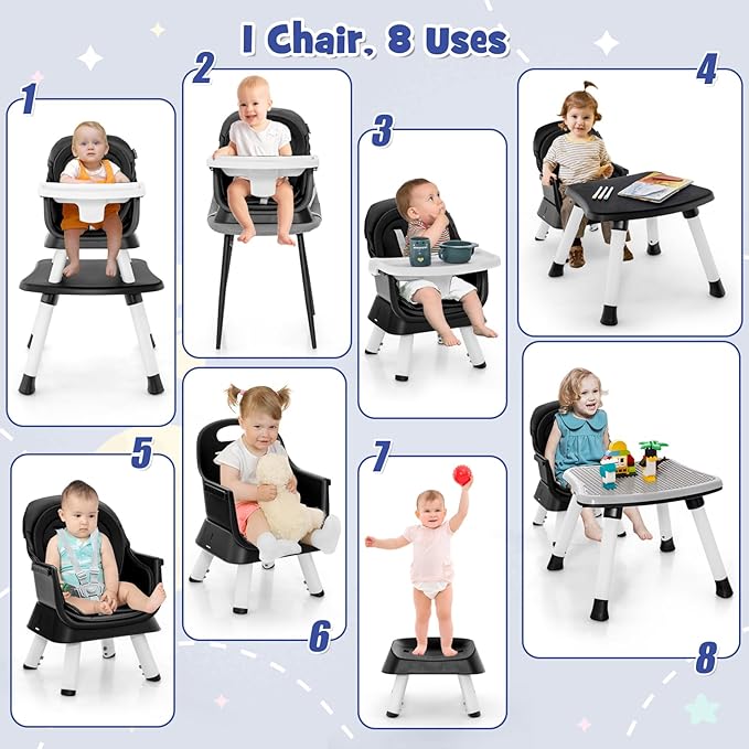 KOTEK Baby High Chair, 8 in 1 Convertible Highchairs for Babies and Toddlers, Building Block Table, Booster Seat, Toddler Chair with Removable Tray, Safety Harness, Dual Cushions (Black)