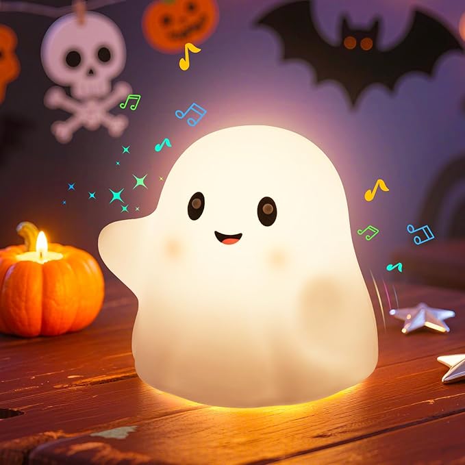 Ghost Night Light for Kids, Cute Nursery Lamp with 19 Interactive Sounds & 3 Light Modes & 30-Min Timer, Rechargeable Silicone Touch Nightlight for Halloween Decor Bedroom (White Ghost)