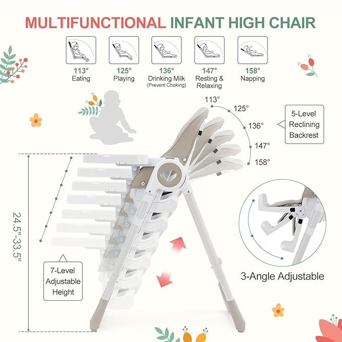 Foldable High Chairs for Babies and Toddlers, Adjustable Infant Baby Chair with Removable Tray and Non-Slip Foot Pads, Highchair for Children Aged 6 to 36 Months, Grey