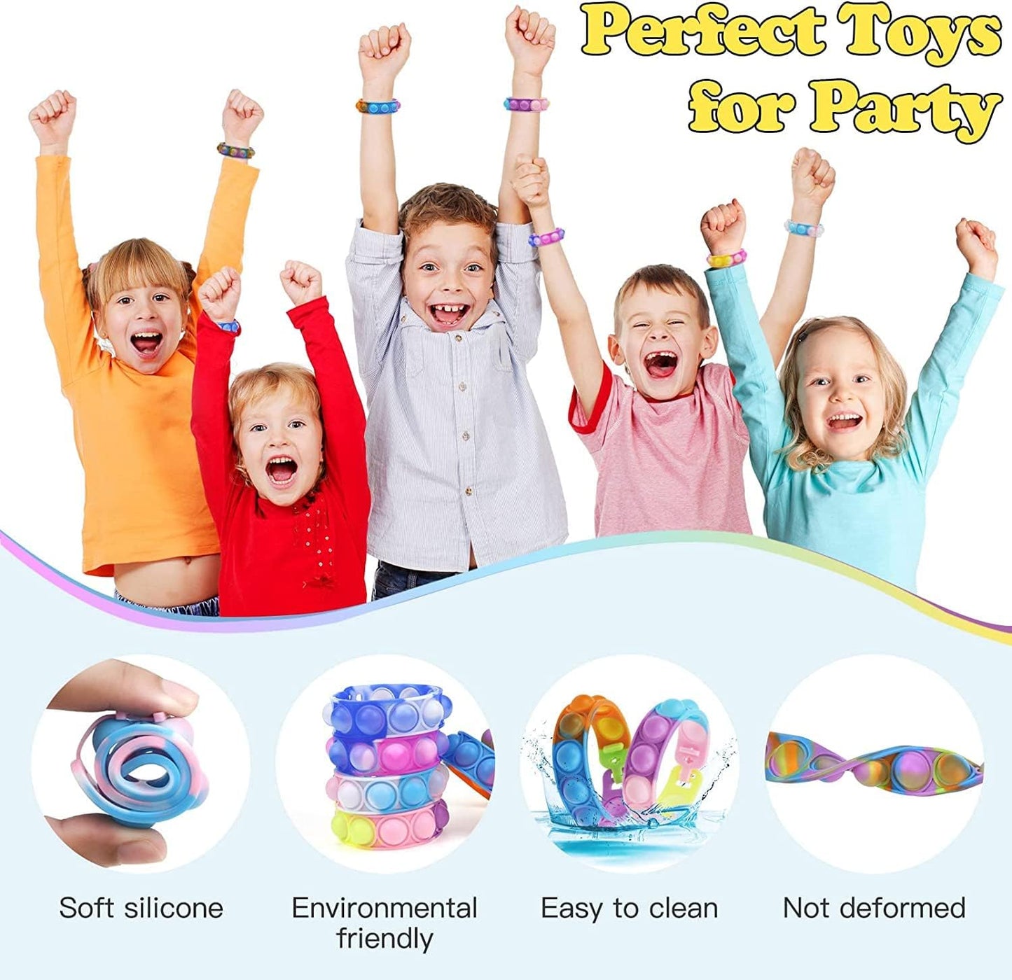90Pcs Pop Bracelet, Party Favors for Kid, Pop Wrist Strap Fidget Toys Pack ,Fidget Toys for Girils Boys, as Gifts for Easter Chrismas,Classroom Prizes for Students