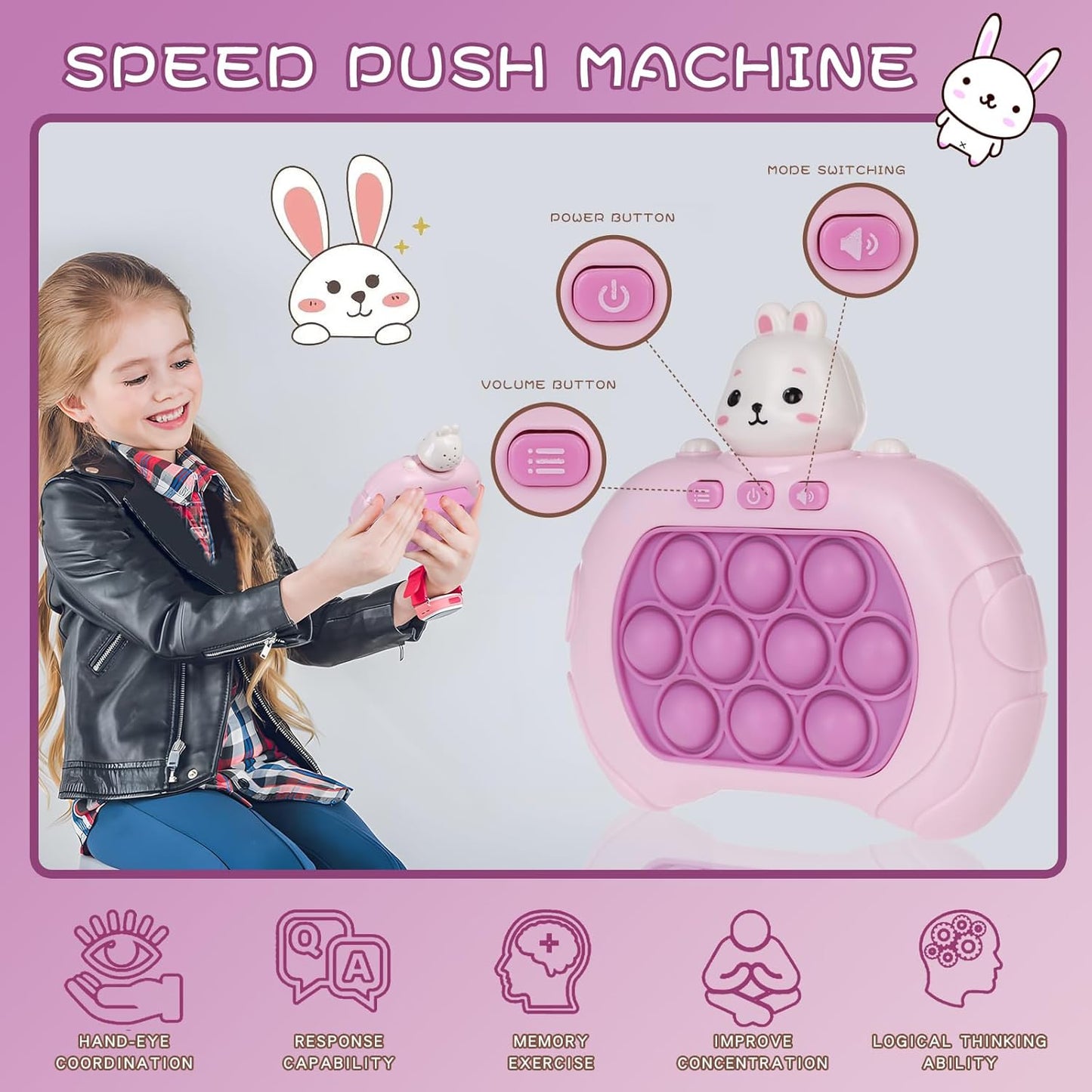 Fast Push Game Pop Fidget Toys for Kids, Fast Push Bubble Game, Quick Push Pop Game for Boys & Girls Age 3-12, Handheld Puzzle Game Sensory Toys Relaxation and Decompression (Pink Rabbit)