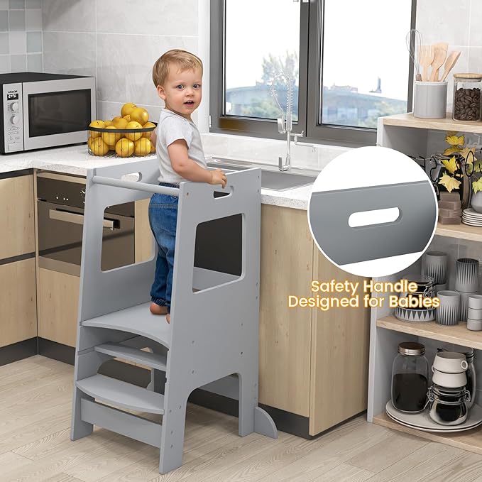 INFANS Toddler Standing Tower, Kids Montessori Kitchen Step Stool Helper with 2 Adjustable Height Learning Blackboard Safety Rail Wooden, Anti-Slip Mats, 1-3 Year Old Boy Girl Gifts (Grey)