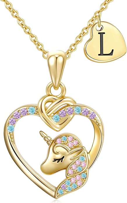 Unicorn Initial Necklaces Gifts for Girls Kids - 14K Real Gold Plated Heart Initial Unicorn Necklace Teen Girls Gifts Trendy Stuff Heart Letter Necklace for Women Girl Kids