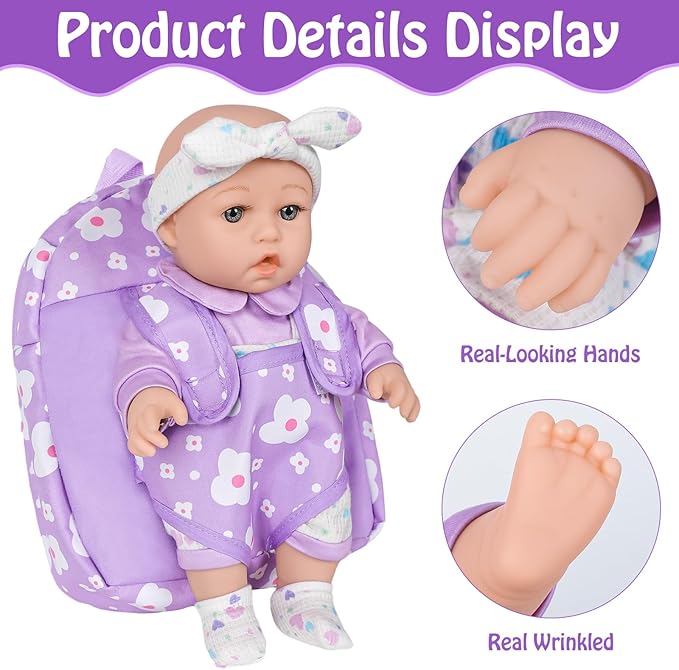 12" Baby Doll with Flower Pattern Backpack Carrier,12 Inch Realistic Baby Dolls with Clothes and Accessories Hanky Pacifier Bottle Diaper Toy Pretend Play Collection for 3+ Child Girls Gifts
