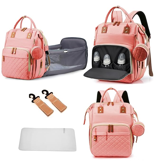 Diaper Bag Backpack with Changing Station Portable 3 in 1 Multifunction Backpack Travel mommy bag Stroller Pink