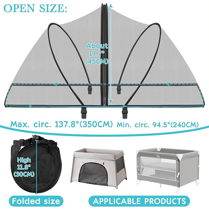 Pack N Play Tent Cover - Bassinet Cover for Pack N Play/Travel Crib/Mini Crib/Playpen, Bassinet Mosquito Net Cover with Two-Way Zippers (Black-Large)