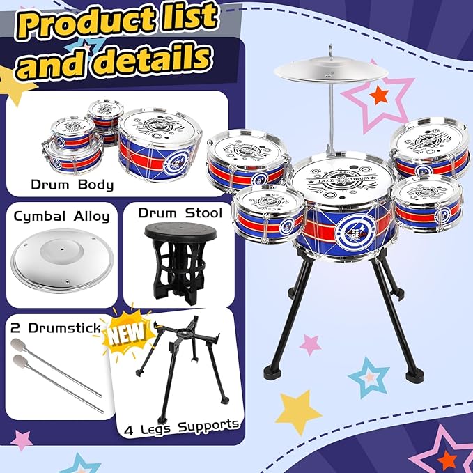 Toddler Jazz Drum Set Upgraded Kit with 5 Drums - Music Toys for 3-5 Year Old Boys & Girls