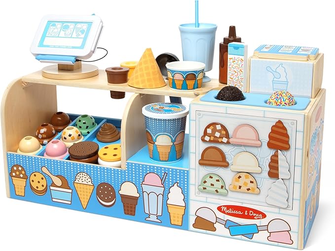 Melissa & Doug Wooden Cool Scoops Ice Creamery Play Food Toy Wooden Pretend Play Frozen Treats for Toddlers, Preschoolers, Boys and Girls - FSC-Certified