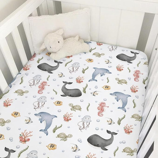 Boho Sea Animals Baby Crib Fitted Sheet 52''x28'' Whale Dolphin Jellyfish Sea Horse Turtle Fish Coral Snug Fitted Crib Mattress Cover for Boy Girl Soft Bed Sheets for Standard Crib Toddler Mattress