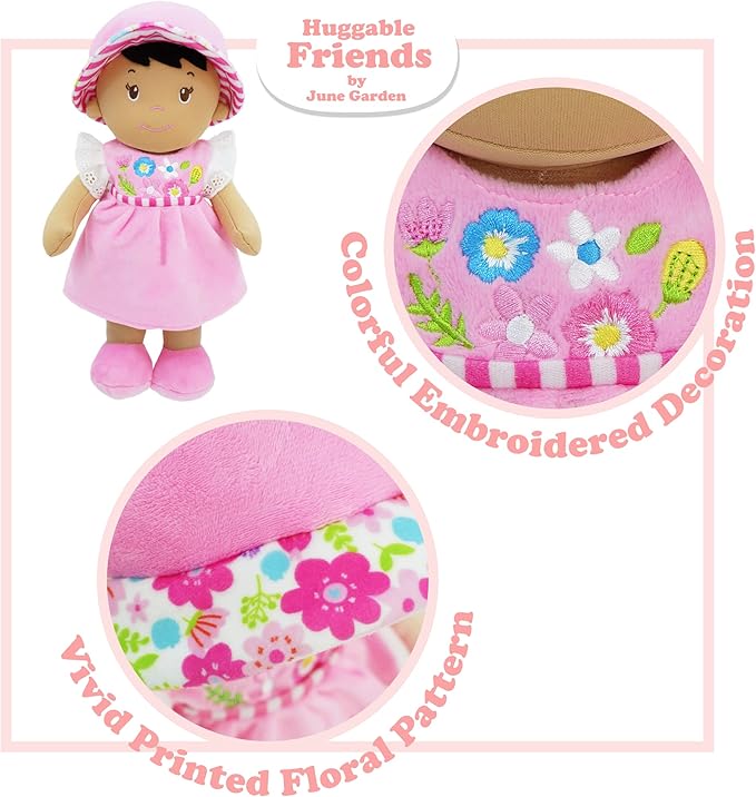 June Garden 12" Soft Dolly Malorie - Stuffed Soft Baby Doll Gift for 1 2 3 Year Old Girls - Pink Dress