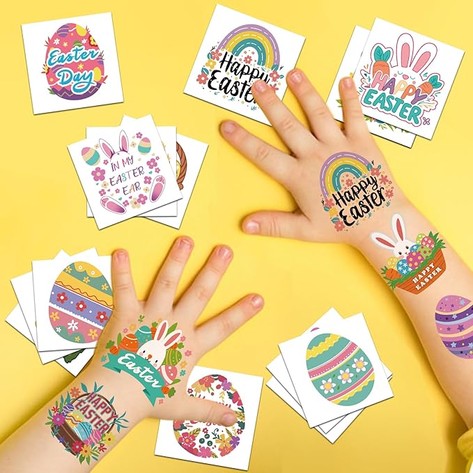 117 PCS Easter Temporary Tattoos, Rabbit Colored Egg Chicks Carrot Water Transfer Stickers for Kids Boys and Girls Birthday Party Favors, Children Easter Basket Stuffers