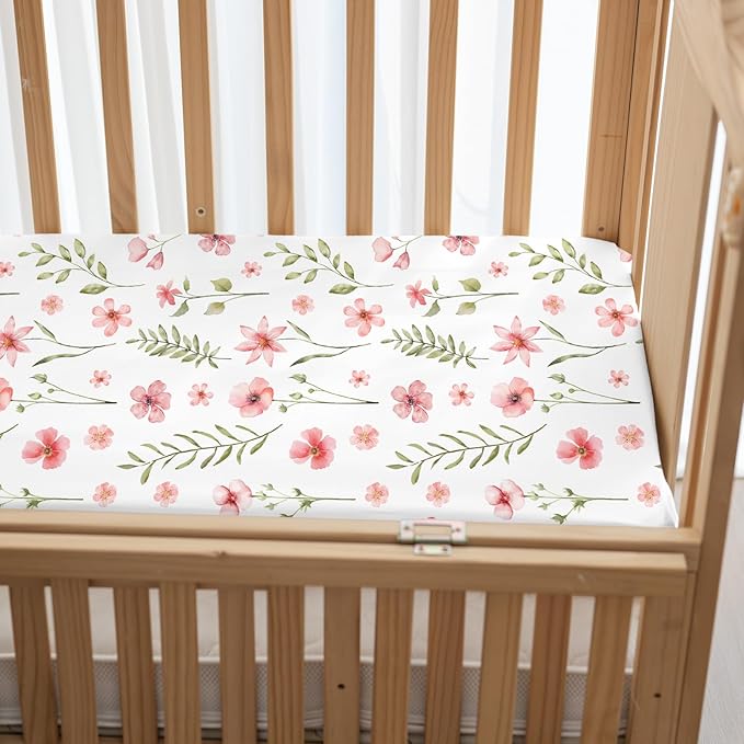 Nap Mat Sheet 47"x24", 3 Pack Pink Floral Baby Crib Sheets Fitted Elastic Corners, Preschool Day Care Rest Mat Cover, Soft Breathable - Compatible with Regalo My Cot, Joovy Travel Cot