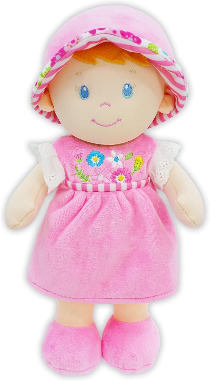 June Garden 12" Soft Dolly Emilia - Stuffed Soft Baby Doll Gift for 1 2 3 Year Old Girls - Pink Dress