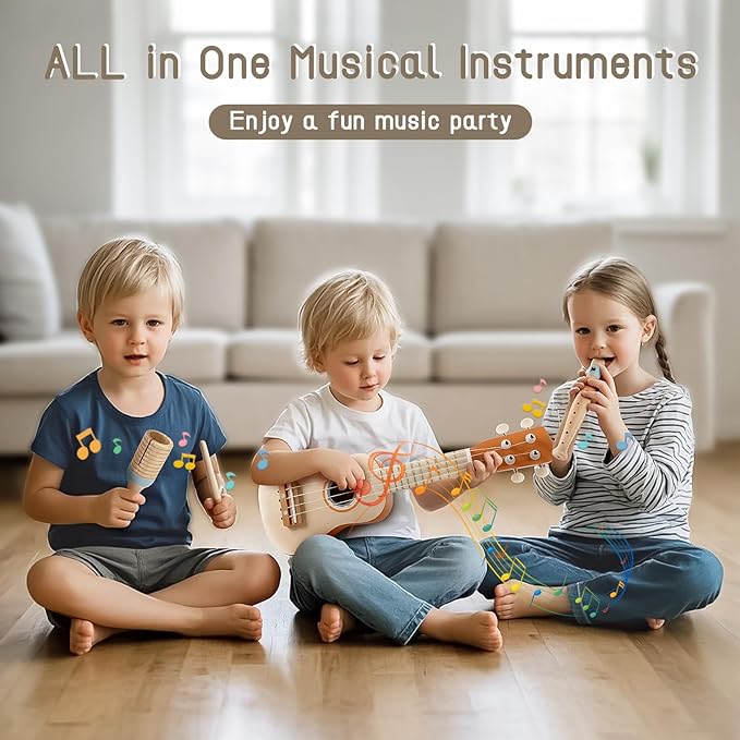 Kids Guitar Set - Toys for 2 3 Year Old Boy & Girls Birthday Gifts, 7 in 1 Montessori Musical Instruments for Toddlers 2-4, Musical Band Sets with Ukulele/Flute/Tambourine/Maracas Toys for Kids 3-5