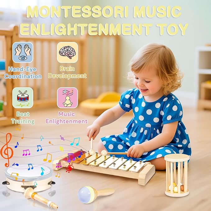 Baby Musical Instruments Set - Montessori Wooden Toys for Toddlers 1-3, Neutral Colors Drum Percussion Instruments Set with Modern Boho Xylophone, Preschool Educational Tool for Kids Age 3+