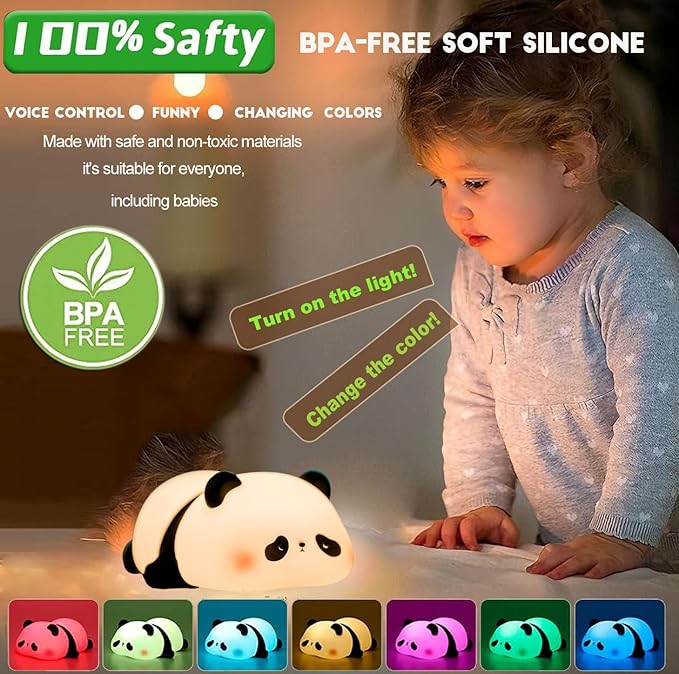 Squishy Cute Panda Night Light,Voice Controlled Light with 7 Color Modes Soft Silicone USB Charging Panda Lamp for Kids Room,Novelty Animal Night Lamp for Decor,Cool Gifts for Boys Girls