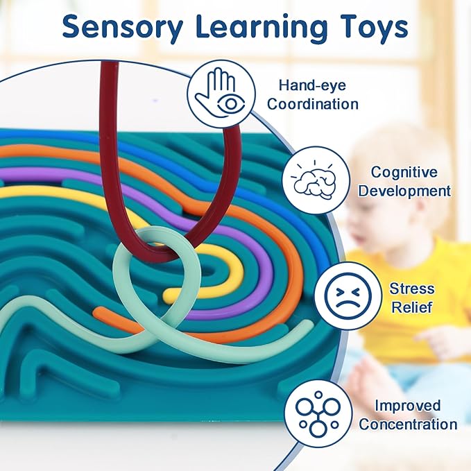 2PCS Sensory Activity Board, Silicone Fidget Toys for Anxiety, ADHD, Autism Stress Relief | Kids 3+ & Adults | Portable Travel Bag & 20 Strings, Dark Green & Blue