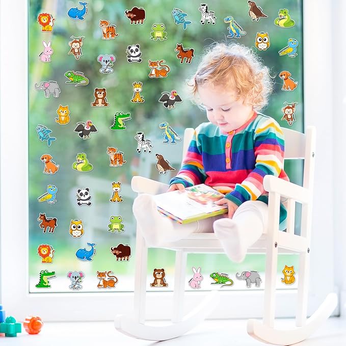 Whaline 2 Sheets Animal Alphabet Thick Gel Clings Cute Cartoon 26 A-Z Letters Animal Reusable Window Decals for Educational Spelling Learning Home Classroom Nursery Decor