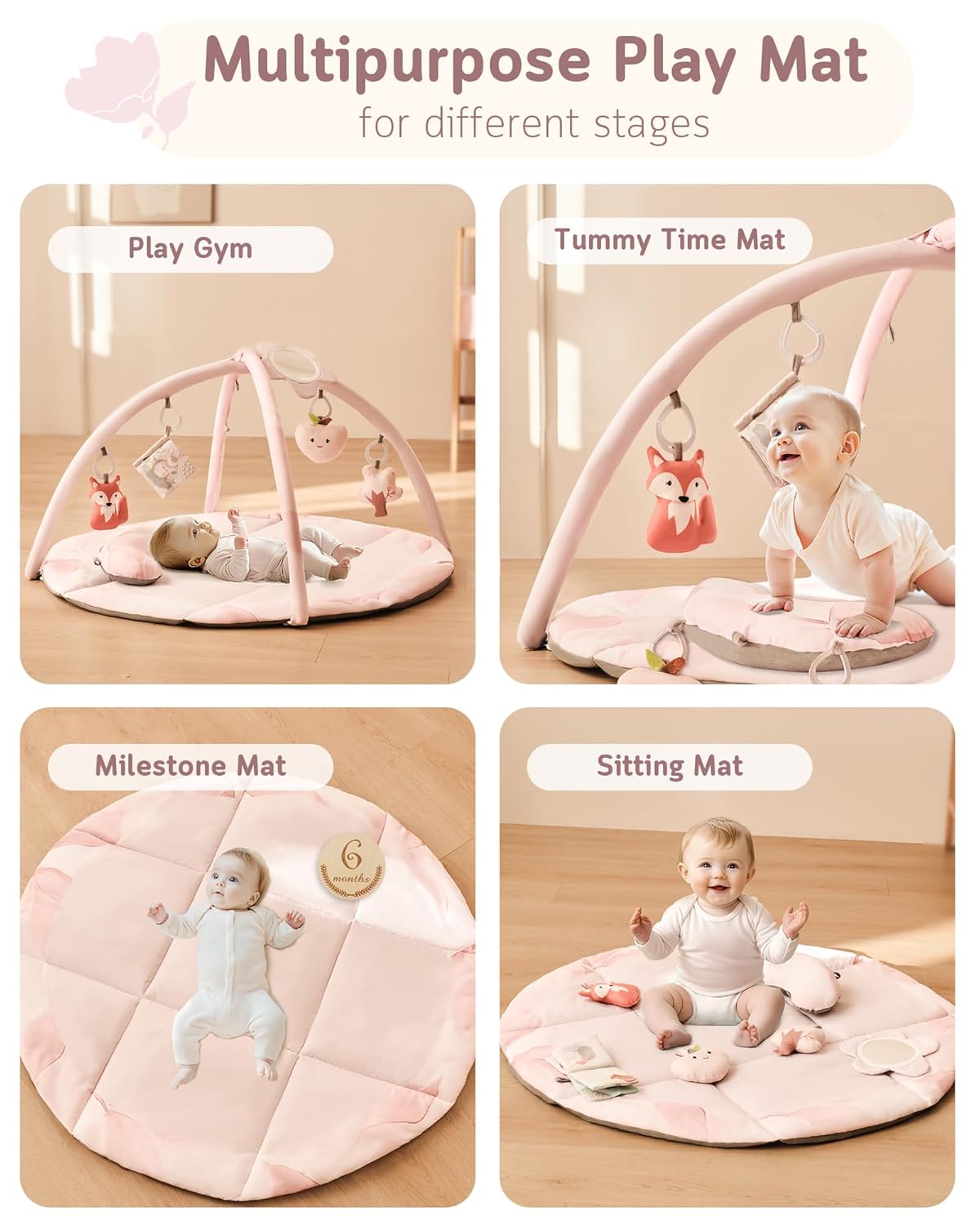 Fortella Baby Play Gym & Activity Mat, Tummy Time Mat w 5 Detachable Toys and Pillow, Large Sensory Playmat for Floor, Newborn Infant Baby Essentials Shower Gift 0-3-6-9-12 Months (Rose Pink)