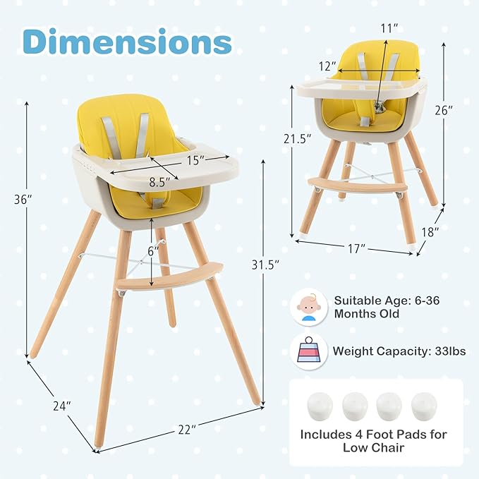 HONEY JOY High Chair, 3-in-1 Eat & Grow Wooden Highchair/Booster Seat/Toddler Chair with Removable Tray, 5-Point Harness, PU Cushion and Footrest for Baby, High Chair for Babies and Toddlers Yellow