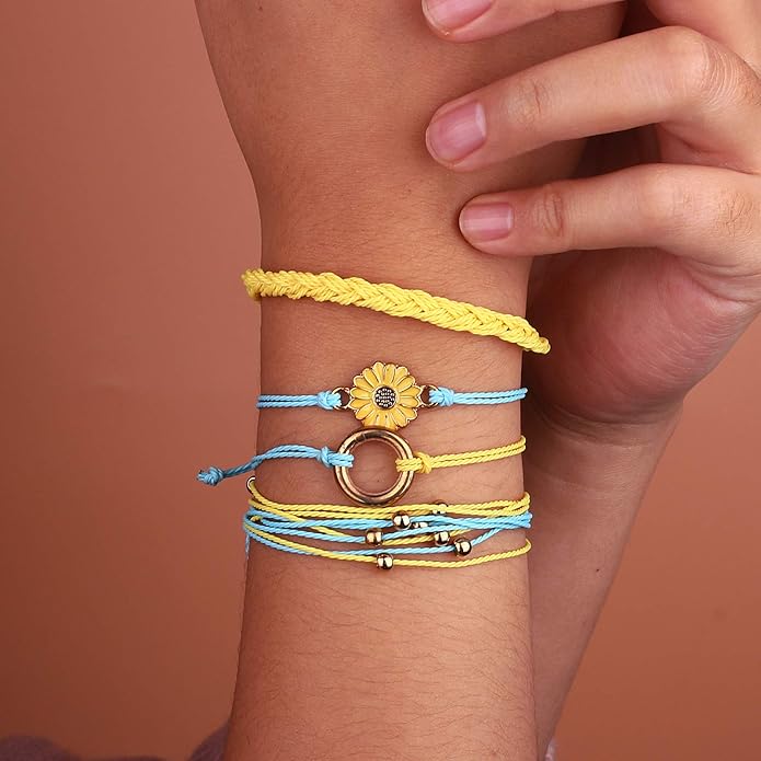 FANCY SHINY Sunflower String Bracelet Boho Braided Rope Wrap Bracelets Cute Summer Beach Surfer Jewelry for Women Christmas Gifts