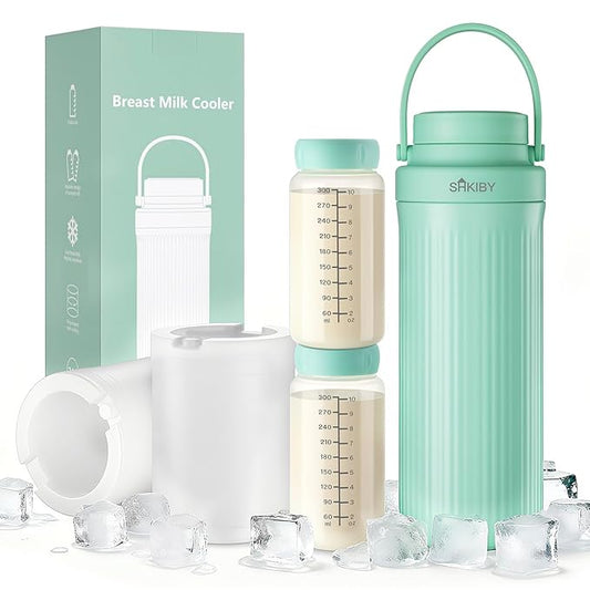 Portable-Breast-Milk-Cooler for Outdoor, Life Saver with 360° Total Cooling for 24 Hours, Larger Capacity Travel Breastmilk Chiller with 2pcs Baby Bottles for Breastmilk Storage, Green